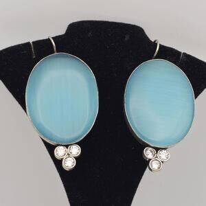 Blue Chalcedony Oval Shape Drop Earrings With Rhinestone Cluster